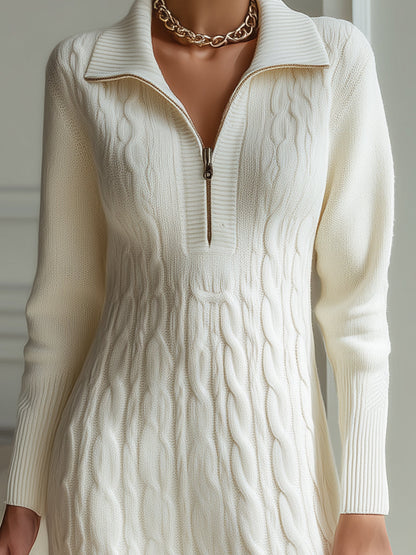 Elegant Zip-Front Knitted Sweater Dress In Ivory