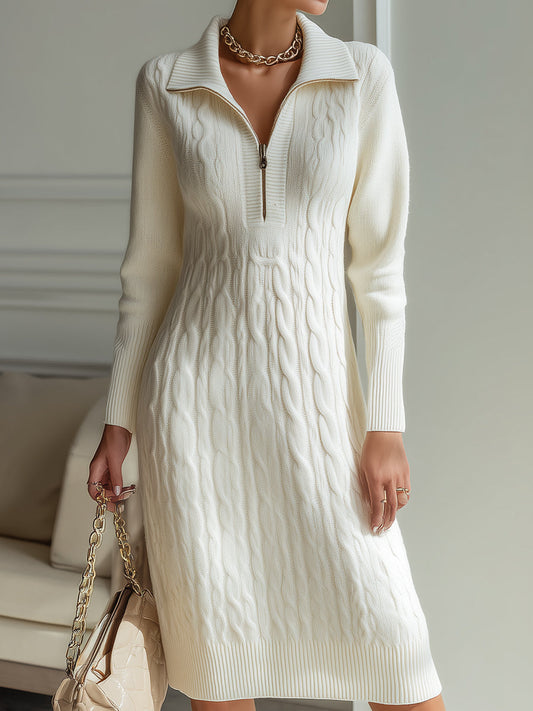 Elegant Zip-Front Knitted Sweater Dress In Ivory
